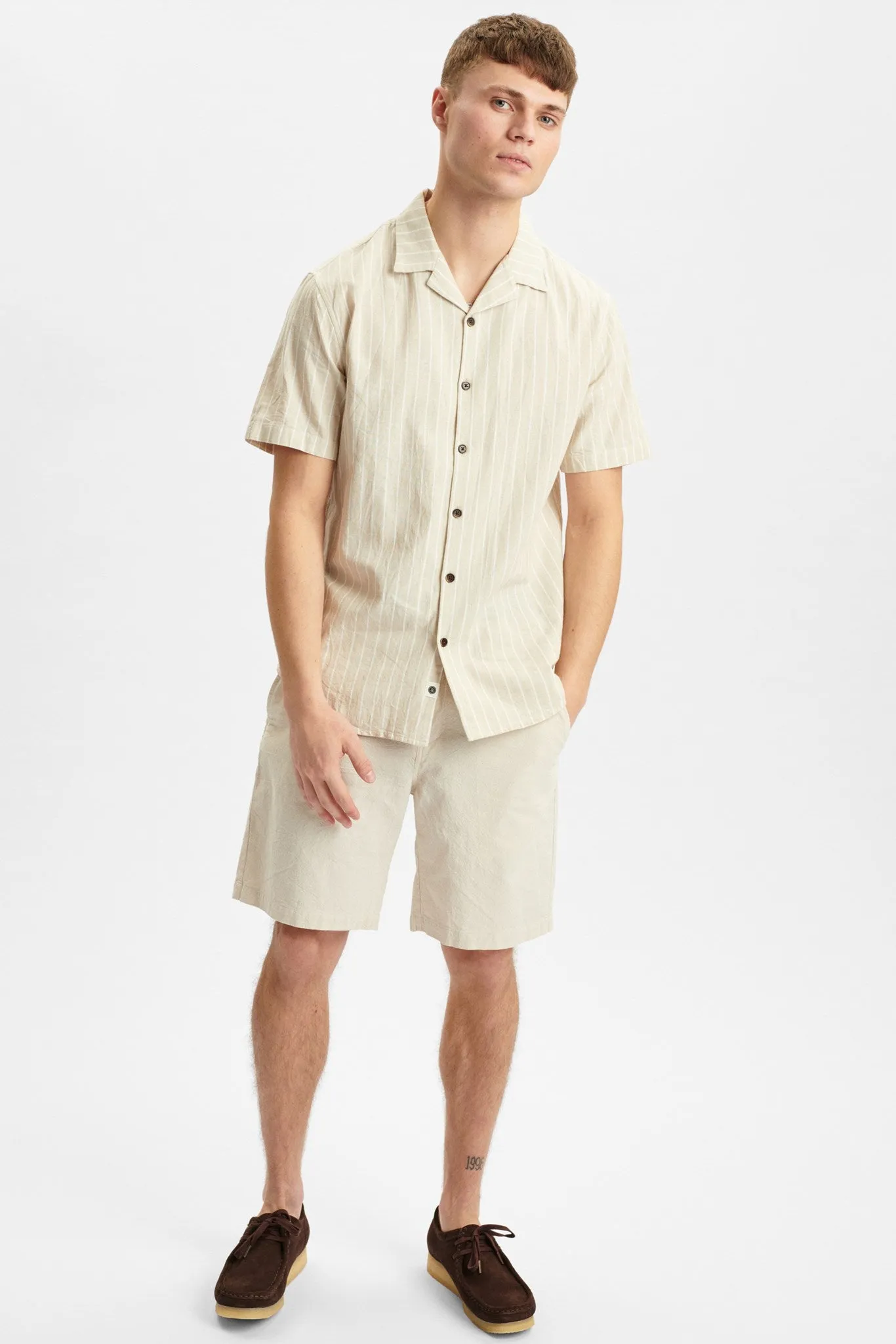 AKLEO STRIPE COTTON LINEN SHIRT - Brown Rice