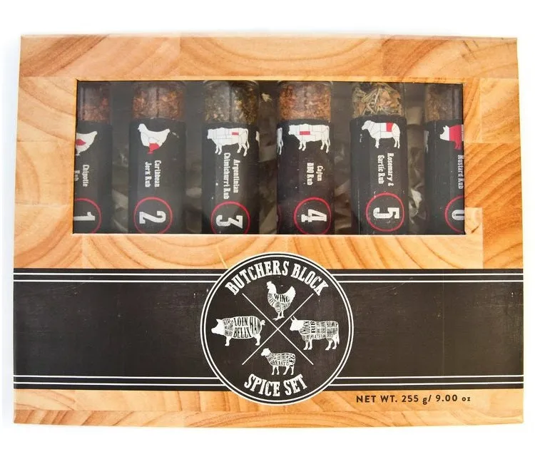 Butchers Block  Man Size Spice Gift Set XL Tubes  6 Meat BBQ Rubs  Argentinian Chimichurri - Caribbean Jerk - Sweet Mustard  Chipotle - Cajun BBQ -Rosemary Garlic Rub  Food Cooking Gift