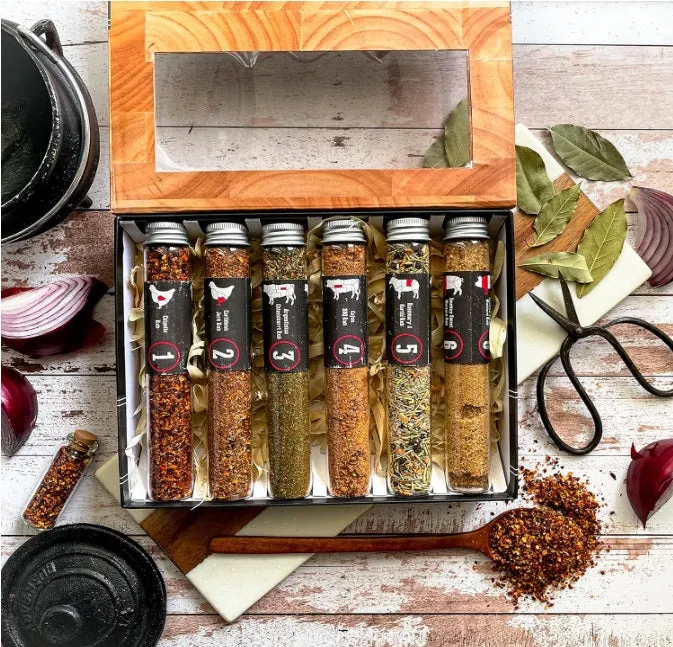 Butchers Block  Man Size Spice Gift Set XL Tubes  6 Meat BBQ Rubs  Argentinian Chimichurri - Caribbean Jerk - Sweet Mustard  Chipotle - Cajun BBQ -Rosemary Garlic Rub  Food Cooking Gift