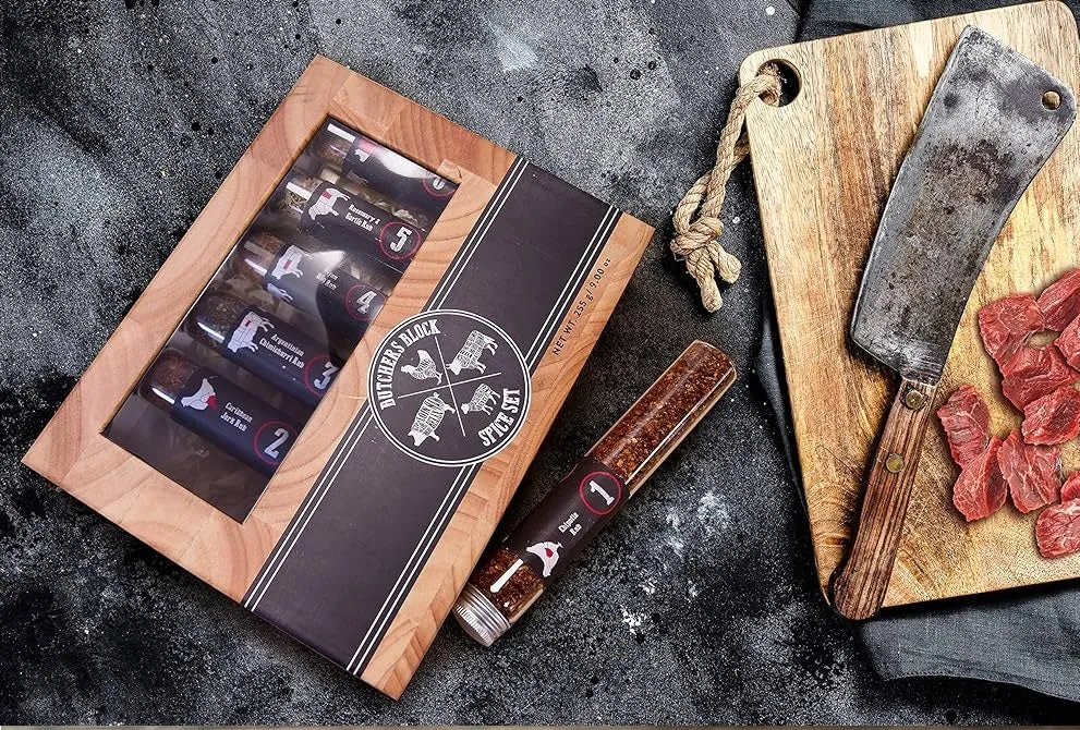 Butchers Block  Man Size Spice Gift Set XL Tubes  6 Meat BBQ Rubs  Argentinian Chimichurri - Caribbean Jerk - Sweet Mustard  Chipotle - Cajun BBQ -Rosemary Garlic Rub  Food Cooking Gift