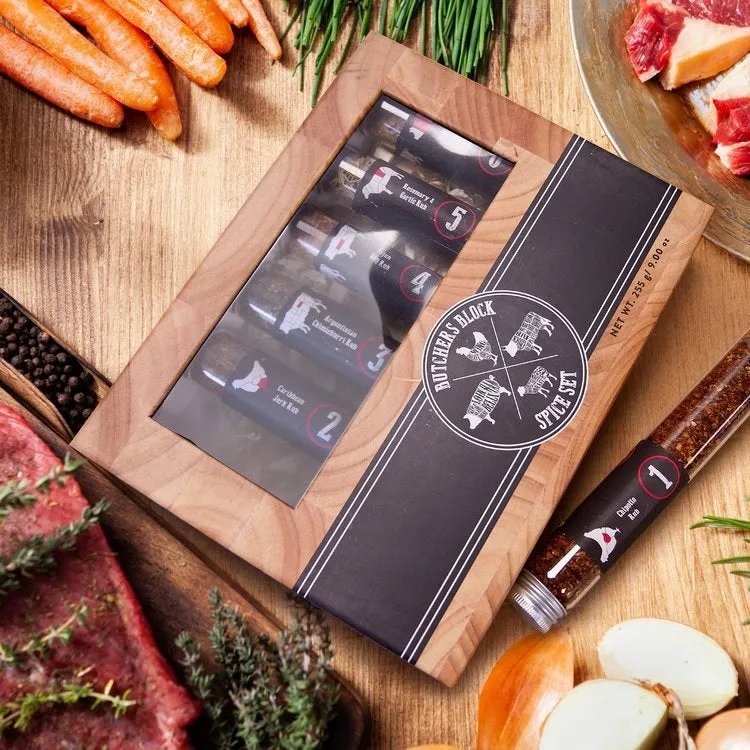 Butchers Block  Man Size Spice Gift Set XL Tubes  6 Meat BBQ Rubs  Argentinian Chimichurri - Caribbean Jerk - Sweet Mustard  Chipotle - Cajun BBQ -Rosemary Garlic Rub  Food Cooking Gift