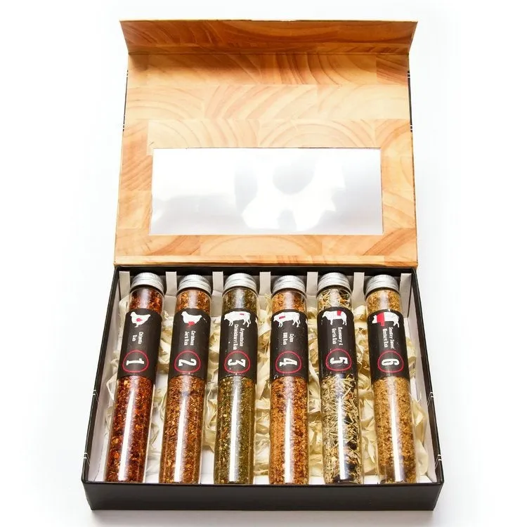 Butchers Block  Man Size Spice Gift Set XL Tubes  6 Meat BBQ Rubs  Argentinian Chimichurri - Caribbean Jerk - Sweet Mustard  Chipotle - Cajun BBQ -Rosemary Garlic Rub  Food Cooking Gift