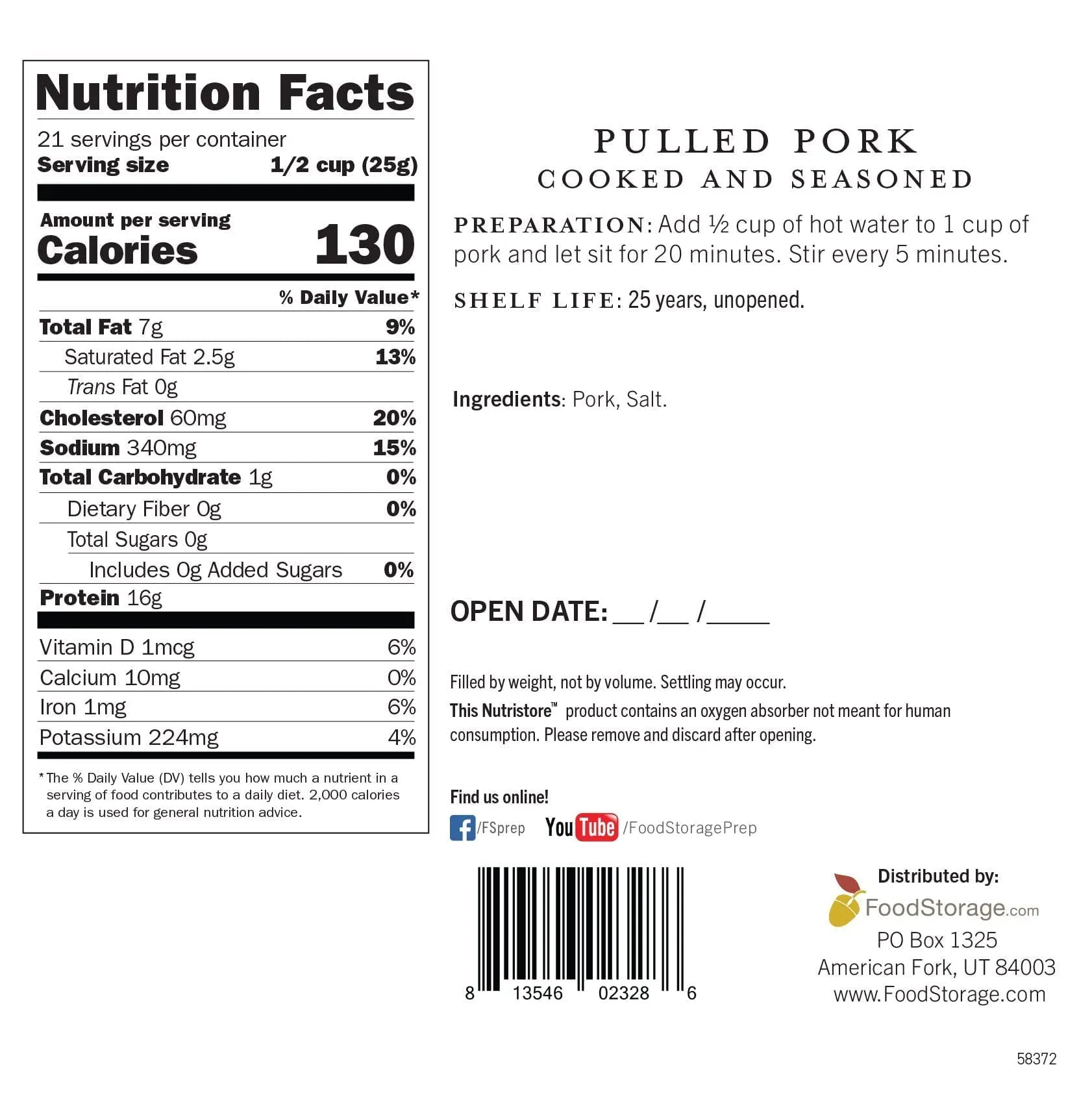 Nutristore Freeze-Dried Pulled Pork #10 Can - 21 Servings