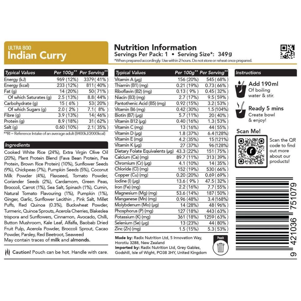 Radix Nutrition Ultra Meals v8.0 - 800Kcal (Indian Curry)
